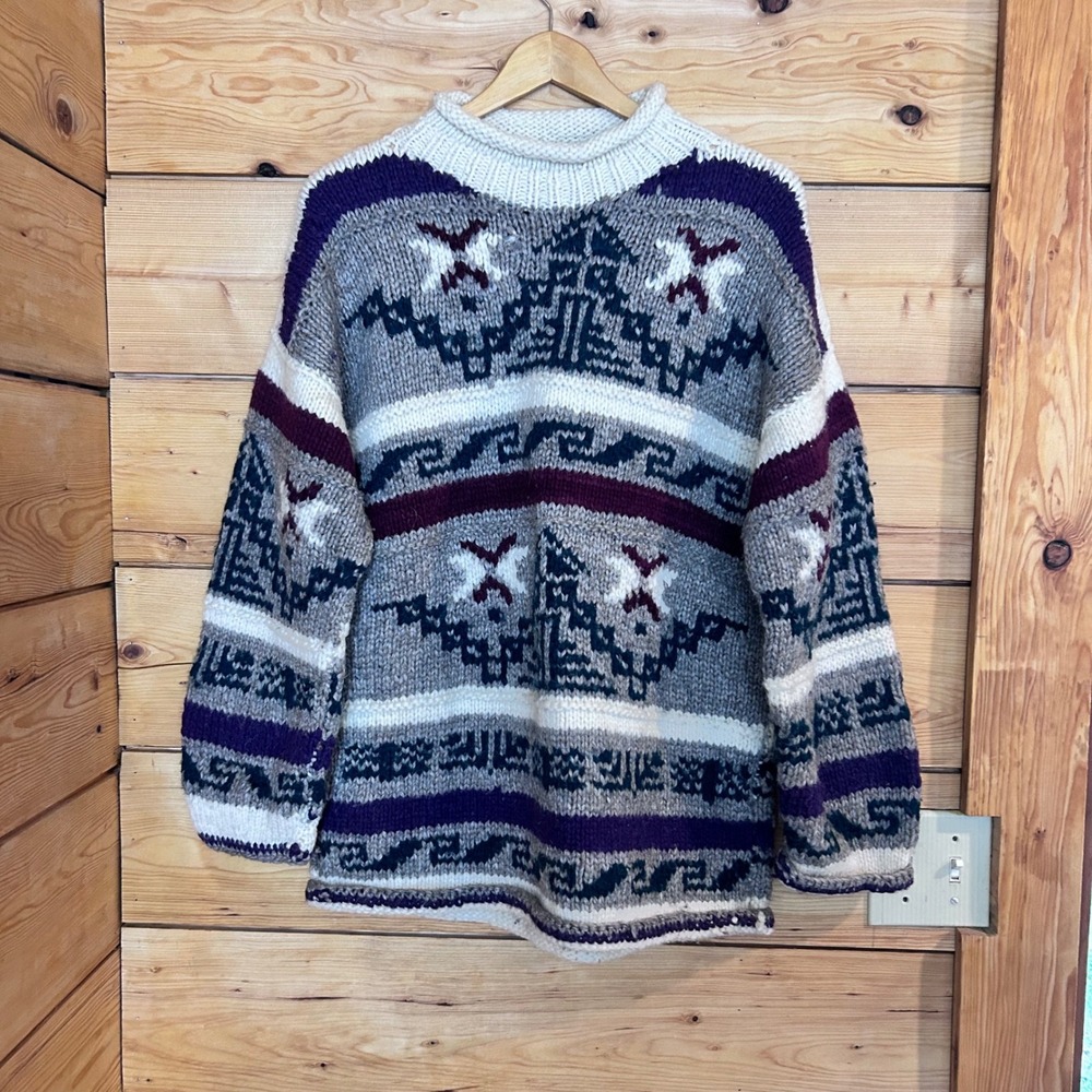 Vintage Wool Chunky Knit Sweater Unisex Large Grey Purple Geometric Nordic MCM